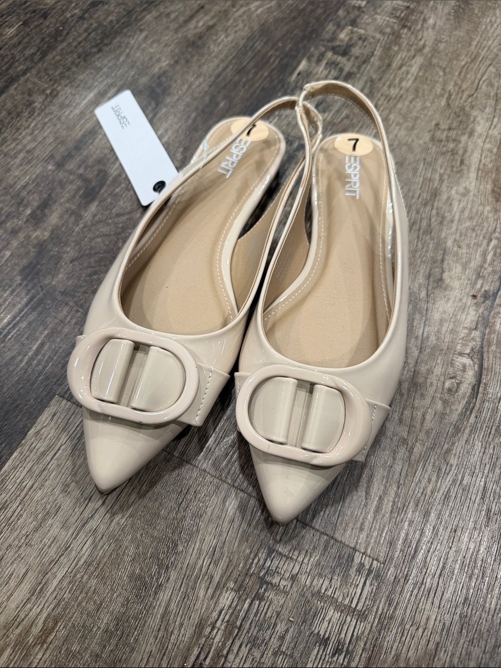 Esprit Beige Patent Pointed-Toe Slingback Flats with Decorative Buckle